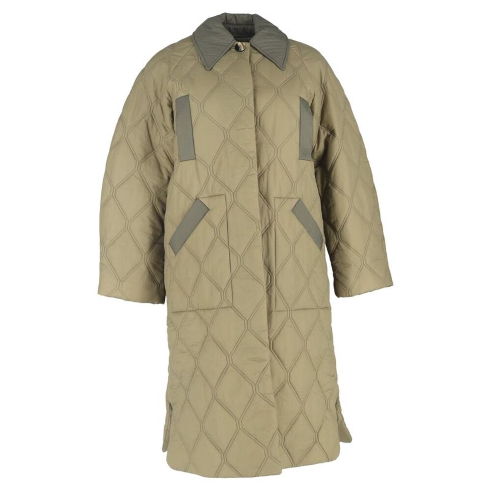 Ganni Quilted Puffer Coat in Tan and Gray